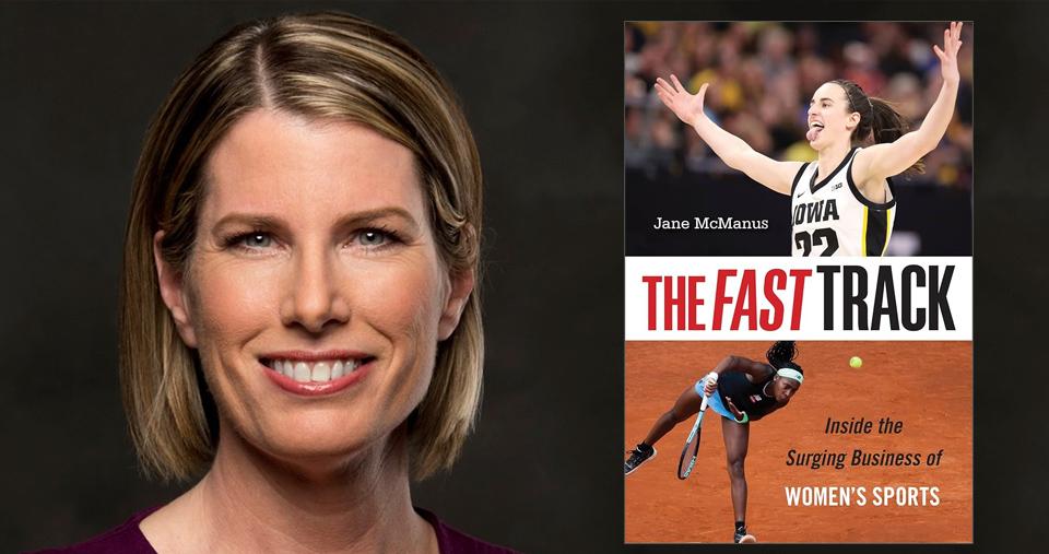 Photo of Journalist Jane McManus, and the cover of her book - The Fast Track