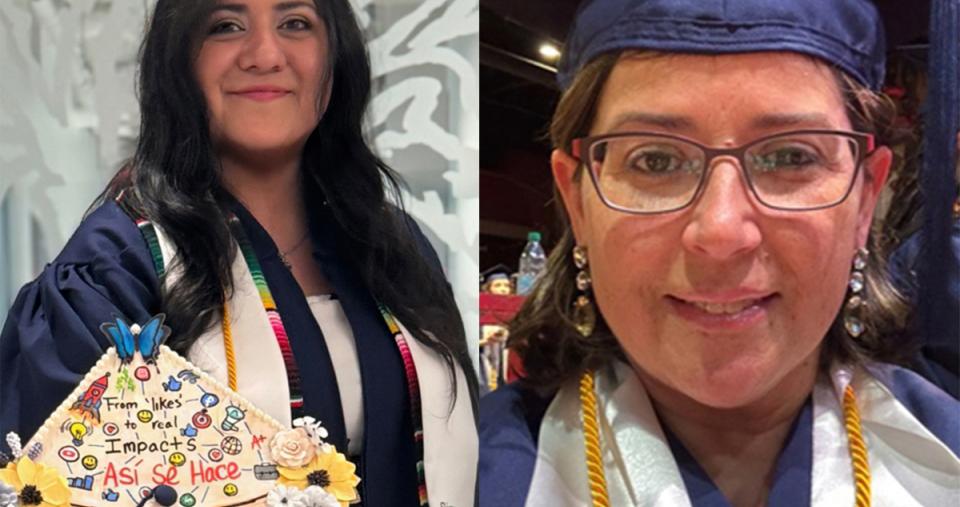 Elekcia Pimentel ’25 and Christina Orfanos ’25 in commencement attire