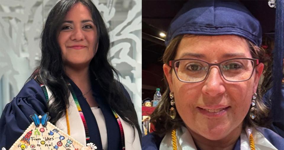 Elekcia Pimentel ’25 and Christina Orfanos ’25 in commencement attire