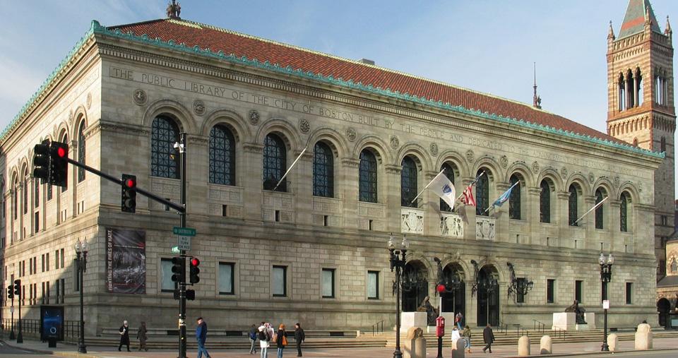 Boston Public Library, McKim building. The peculiar lighting is from sunlight reflected off a highrise nearby. Photo by Daniel Schwen