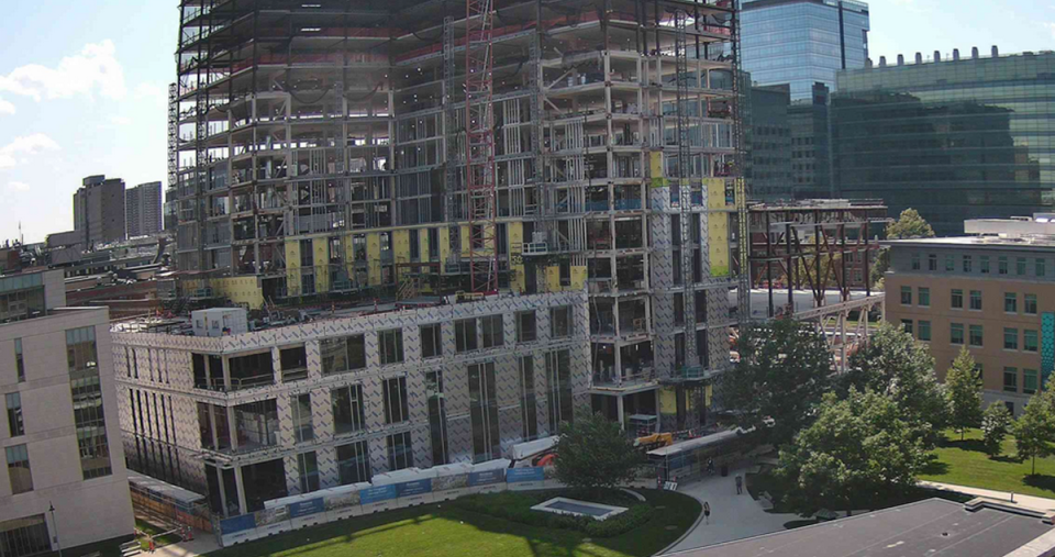 Exterior photo of the construction of the Living Learning Center