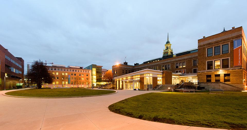 Simmons main campus quad at dusk