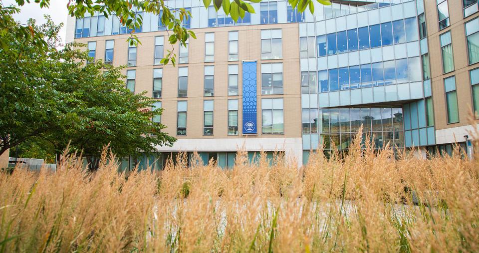 The Simmons University management building in fall