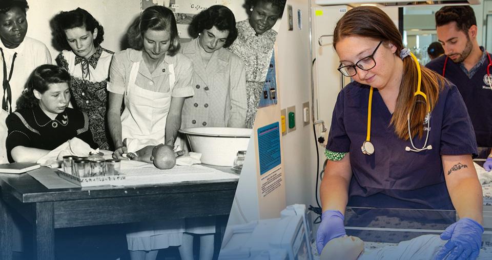Nursing students from the past and present working