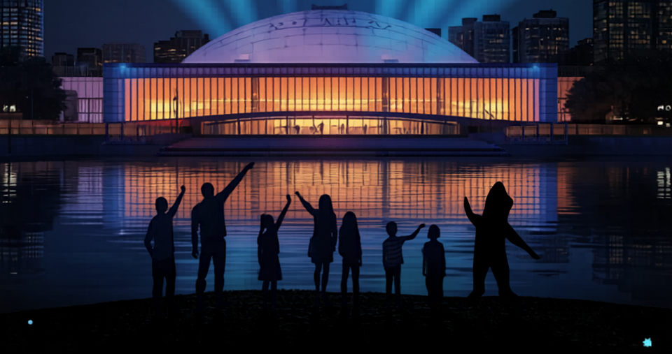 silhouette of people and stormy waving to the museum of science