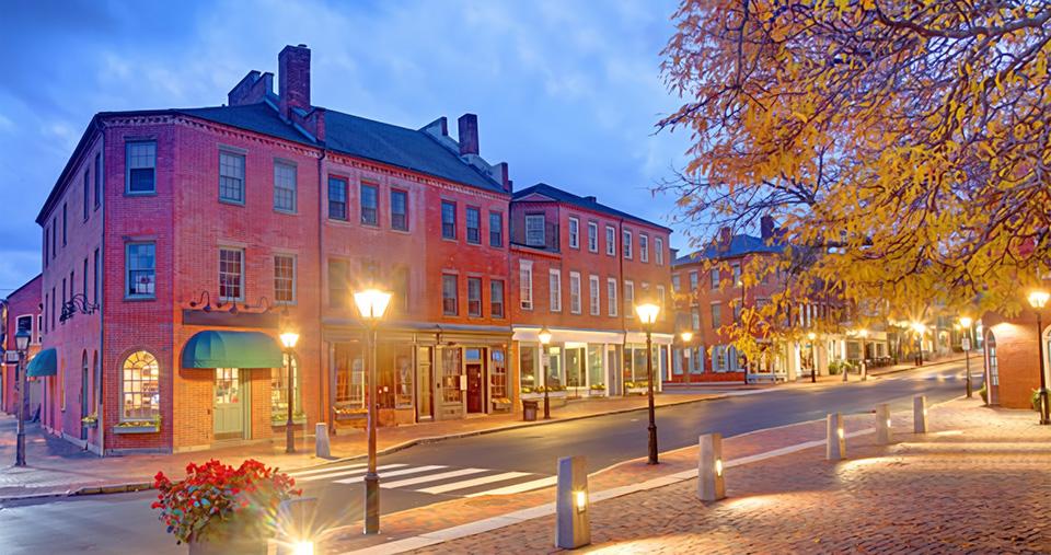 Building in Newburyport, MA at dusk