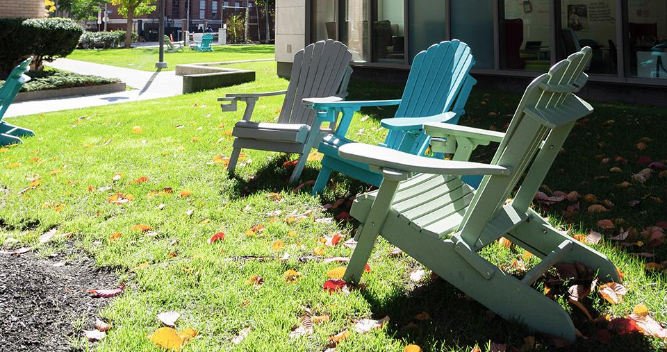 Chairs outside building on Simmons campus