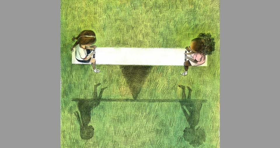 An illustration of two children balancing on a seesaw. Art copyright Daniel Miyares & Chronicle Books