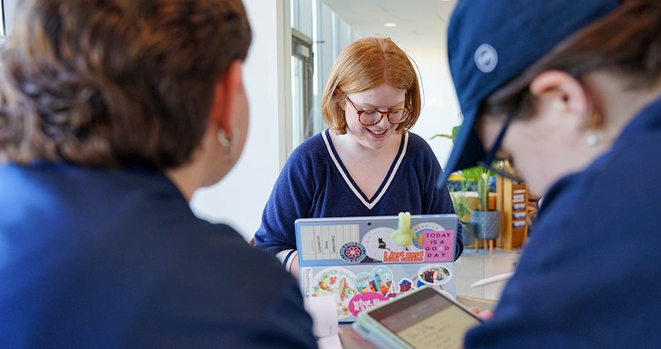 Students working together, smiling