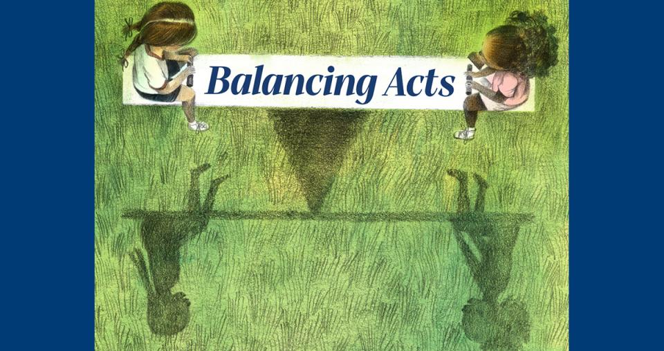 An illustration of two children balancing on a seesaw. Art copyright Daniel Miyares & Chronicle Books