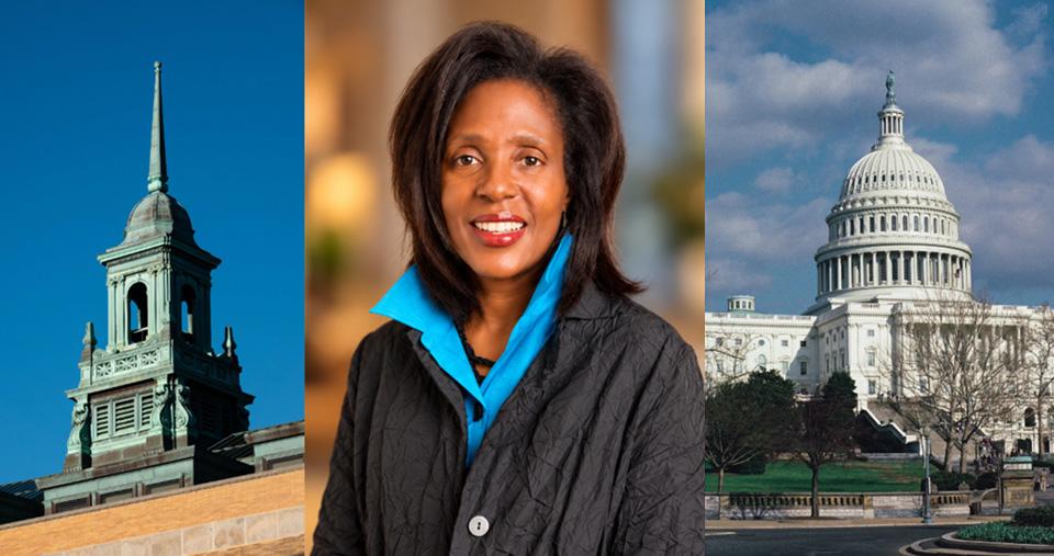 President Wooten, with the Simmons Cupola to the left and the United States Capital to the right