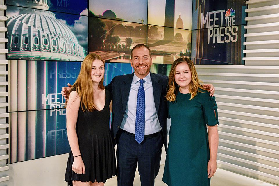 Simmons student, Chuck Todd and Abby Vervaeke on the set of Meet the Press