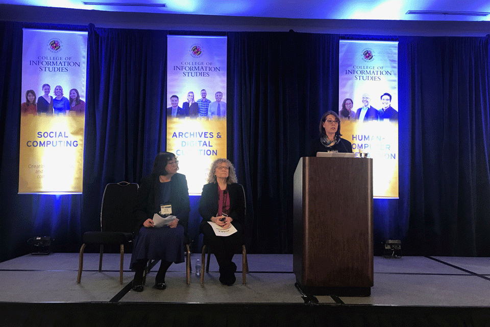 Associate Professor Rong Tang, Elaine Martin, and SLIS Director Sanda Erdelez present RDMLA at the iConference, April 2019 in Washington, D.C.