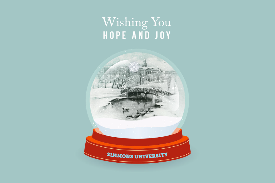 Historic photo of Simmons University's Main College Building with text "Wishing you hope and joy."
