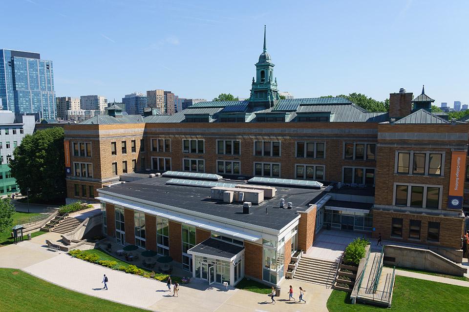 Aerial shot of the MCB and main campus quad