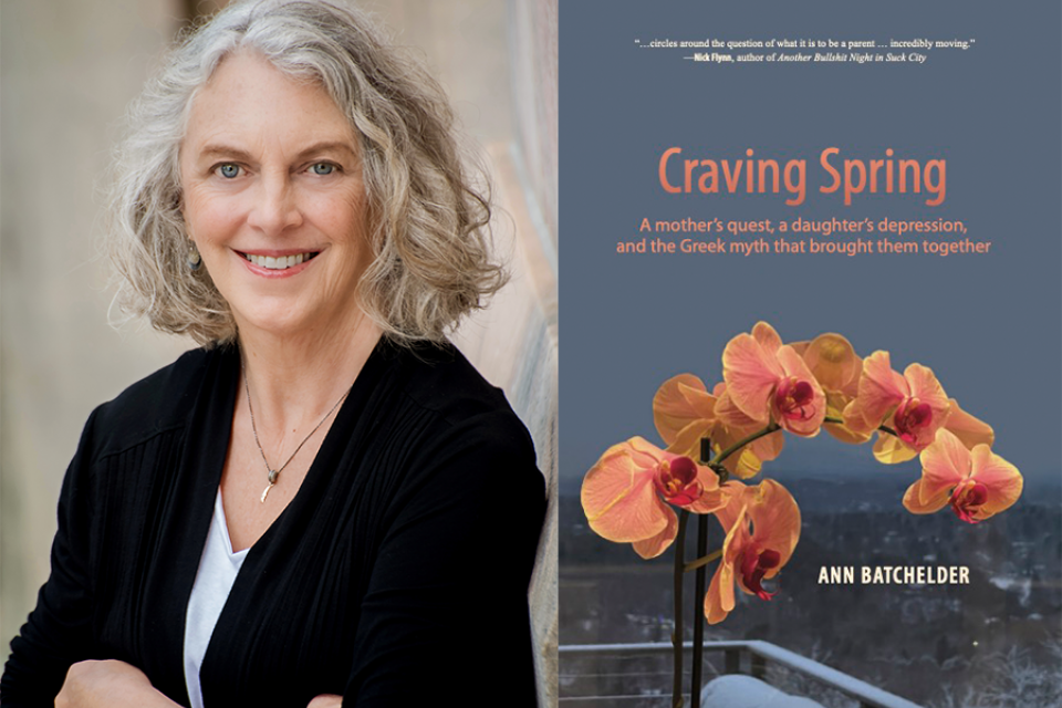 A side-by-side image of Ann Batchelder and the book cover for her book Craving Spring