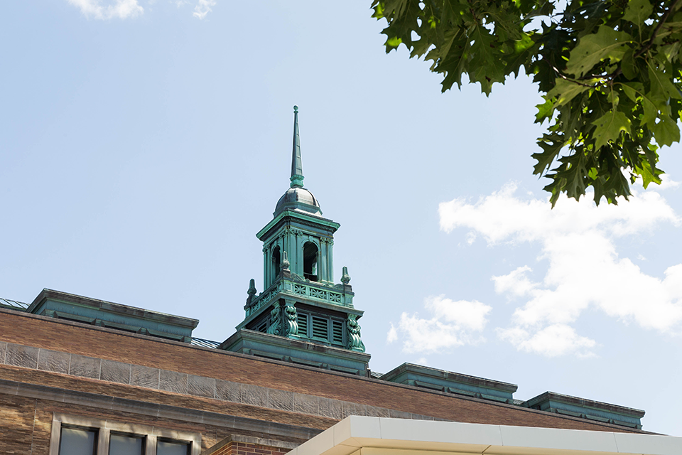 The spire and dome atop the college building at Simmons